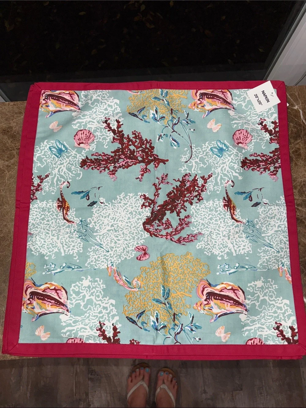 Ocean Coral Print Kitchen Towel Set with Red Trim